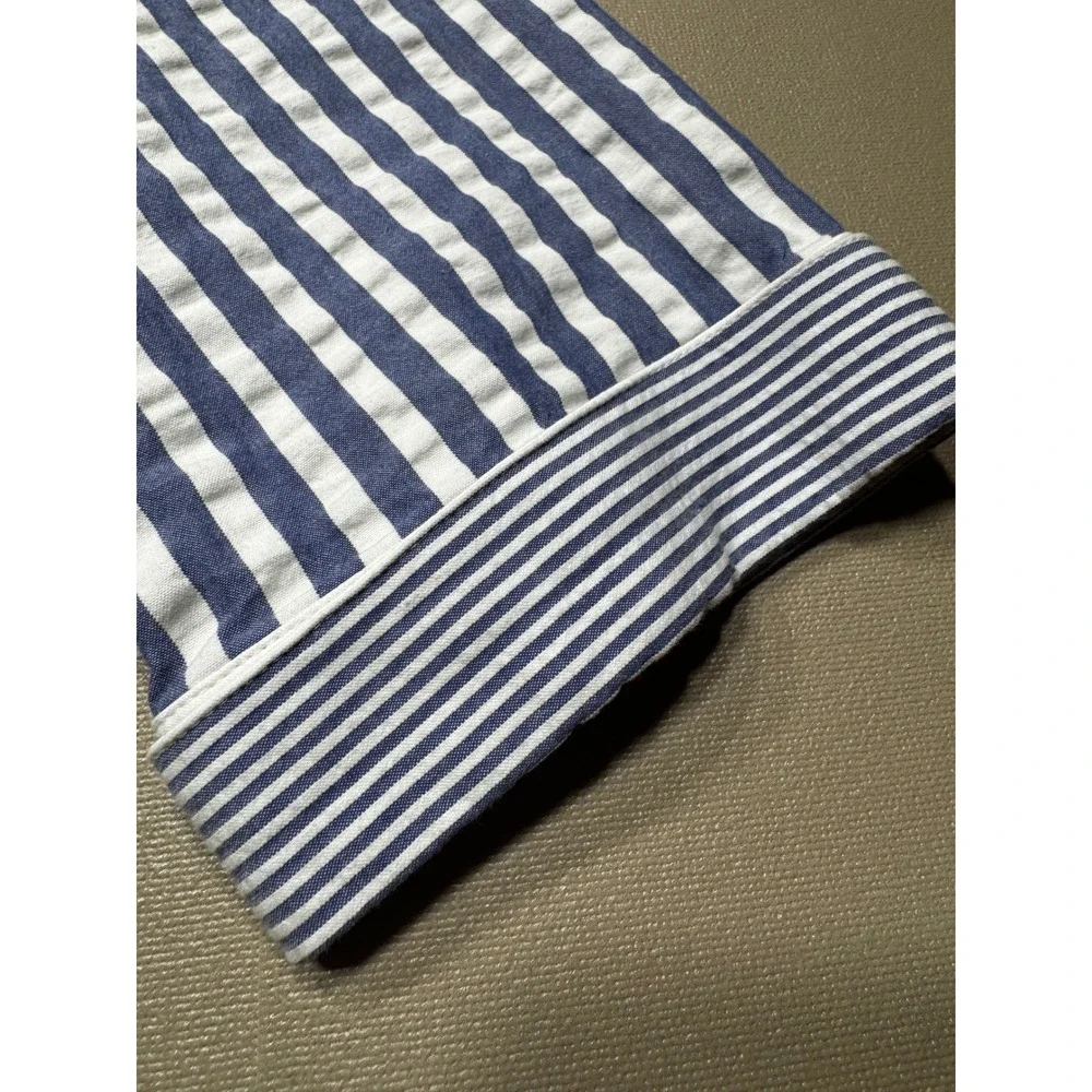 Lafayette 148 New York Blue White Seersucker Striped Button Down Shirt Size 10 - Picture 6 of 11